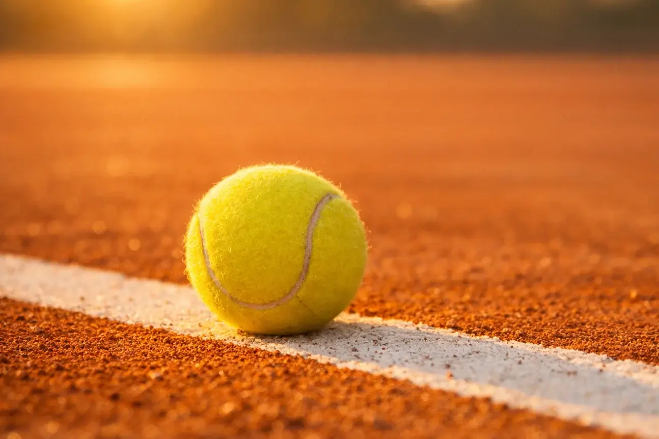 Tennisball auf der Linie eines Sandplatzes bei Sonnenuntergang