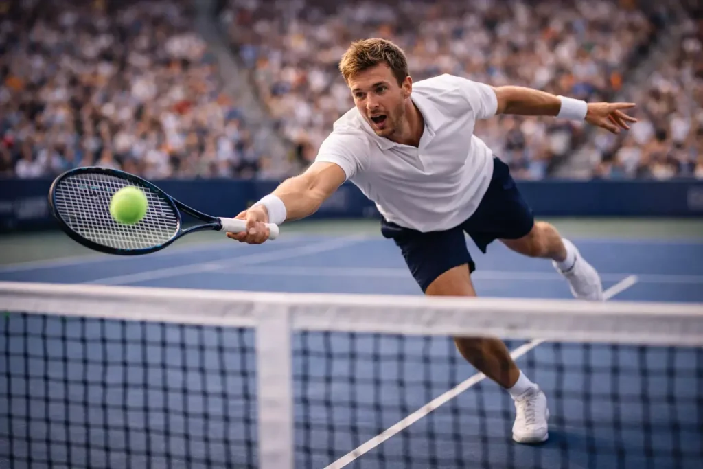 Spannender Moment während eines Tennismatches mit Spieler am Netz