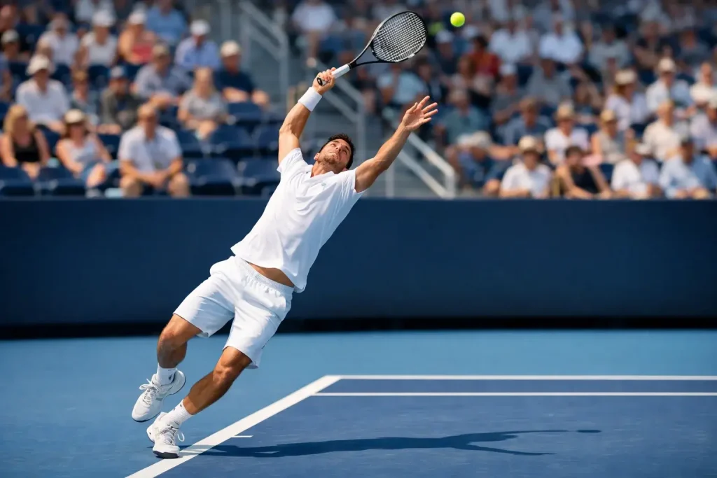 Tennisspieler beim Aufschlag während eines Live-Matches auf dem Hartplatz