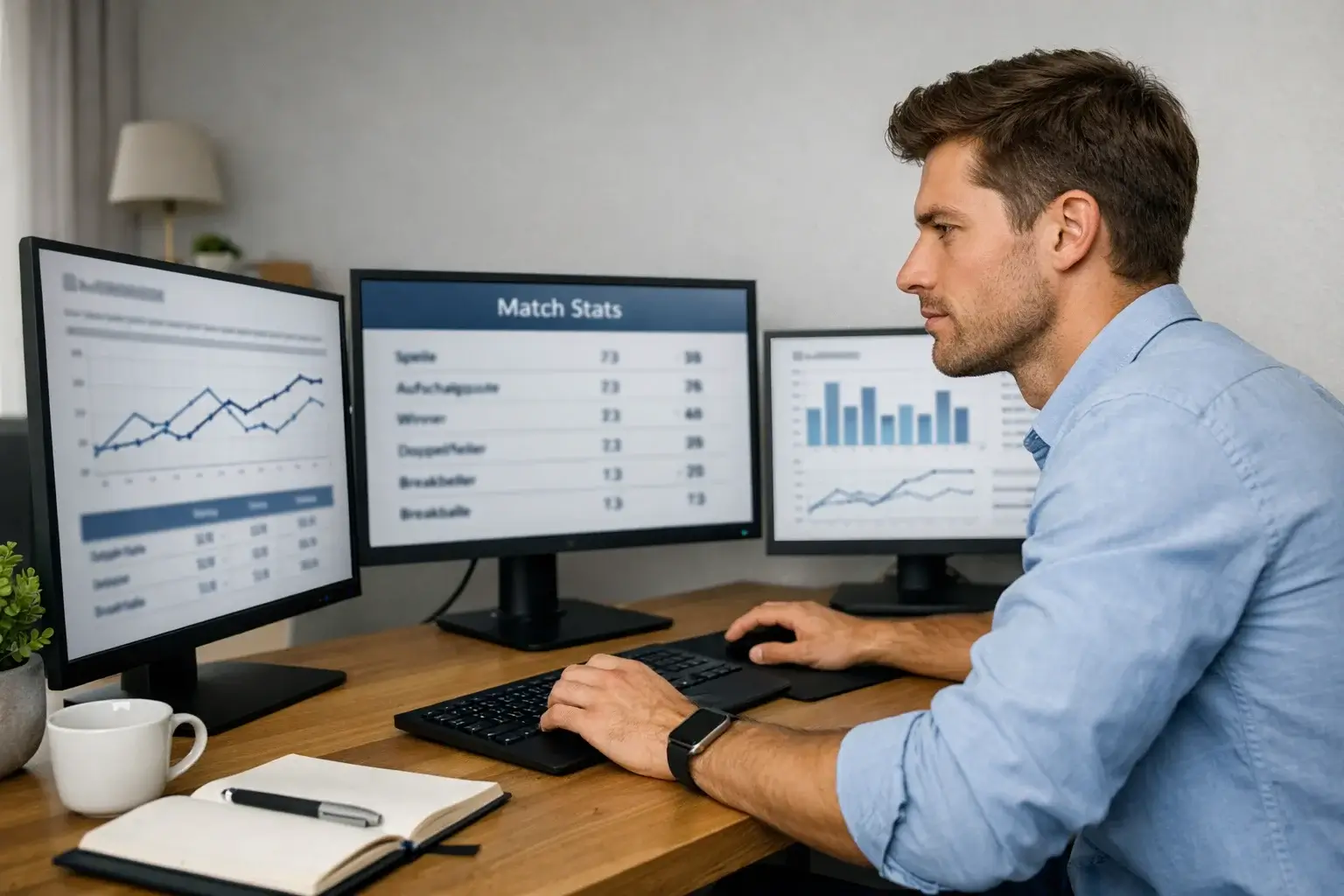 Mann analysiert Tennisstatistiken auf mehreren Bildschirmen
