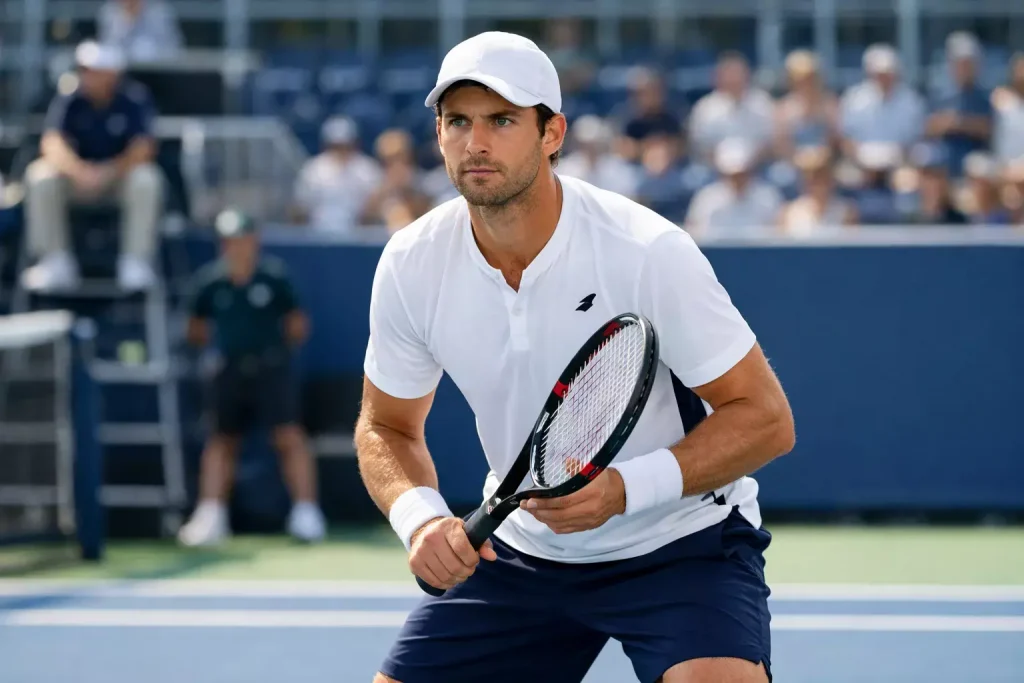 Wachsamer Tennisspieler mit aufmerksamem Blick auf einem professionellen Tenniscourt