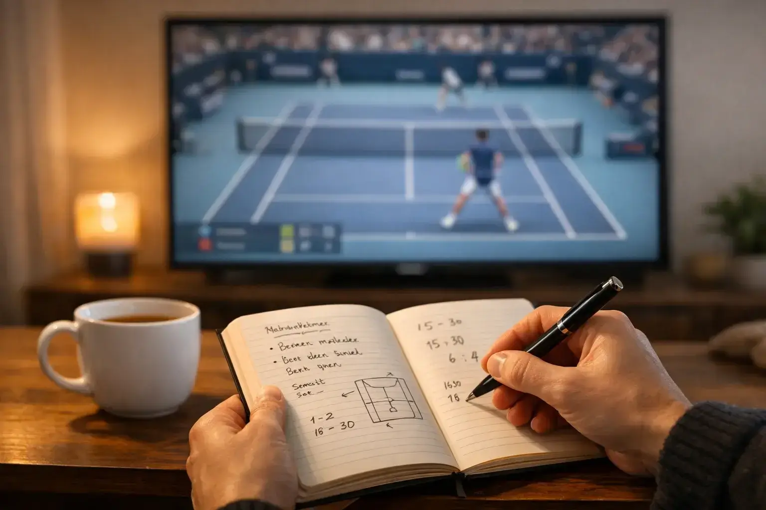 Person macht handschriftliche Notizen während eines Tennismatches auf dem Fernseher