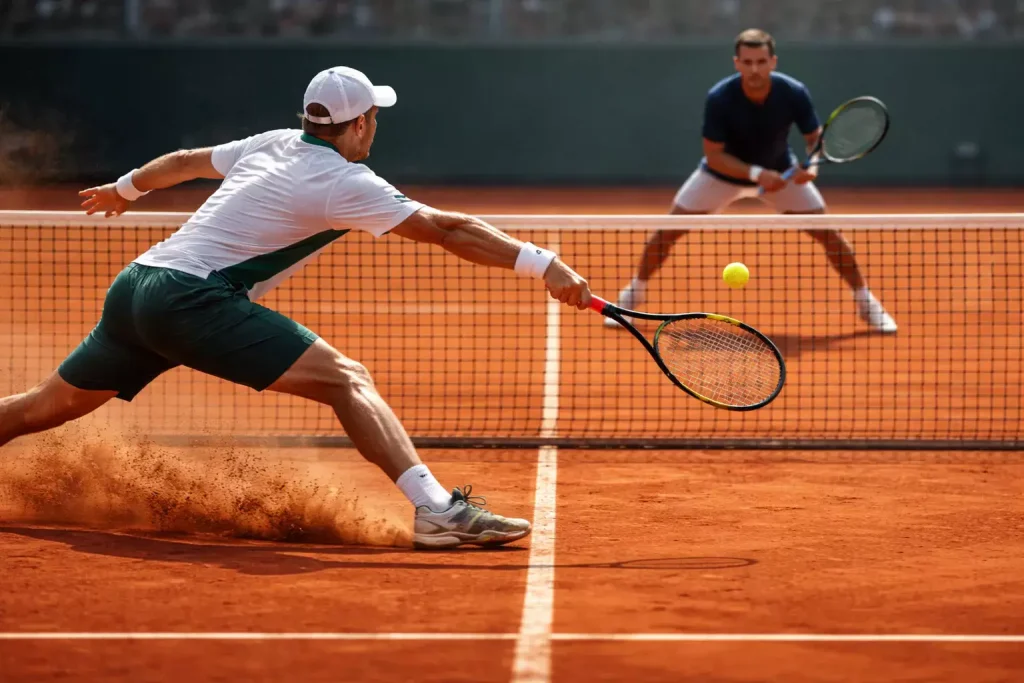 Intensiver Ballwechsel zwischen zwei Tennisspielern auf einem Sandplatz