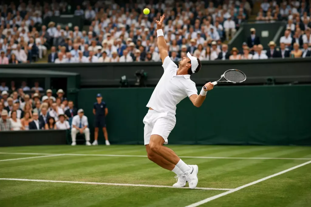 Eleganter Tennisspieler in weißer Kleidung serviert auf dem grünen Rasen von Wimbledon