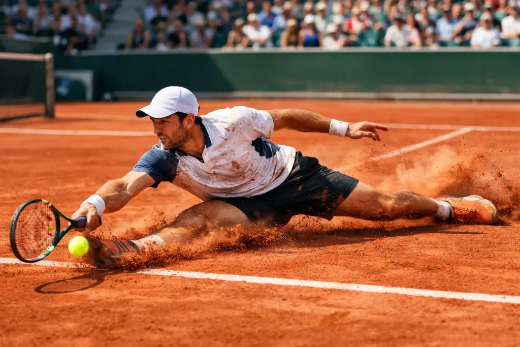 Tennisspieler gleitet auf rotem Sandplatz zum Ball bei den French Open