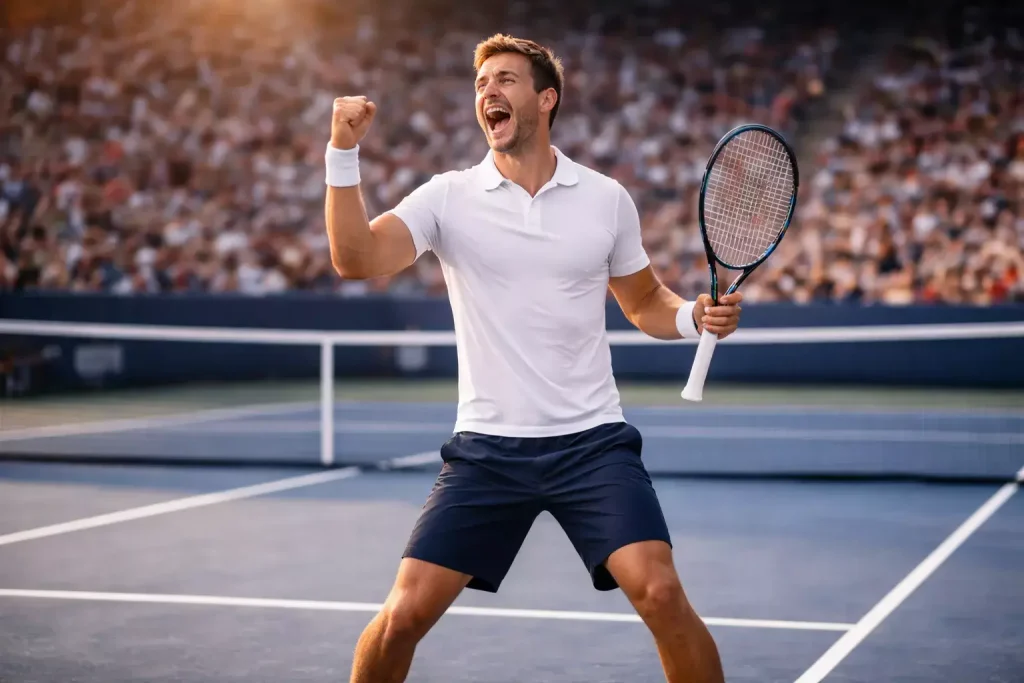 Tennisspieler feiert nach gewonnenem Satz auf dem Court