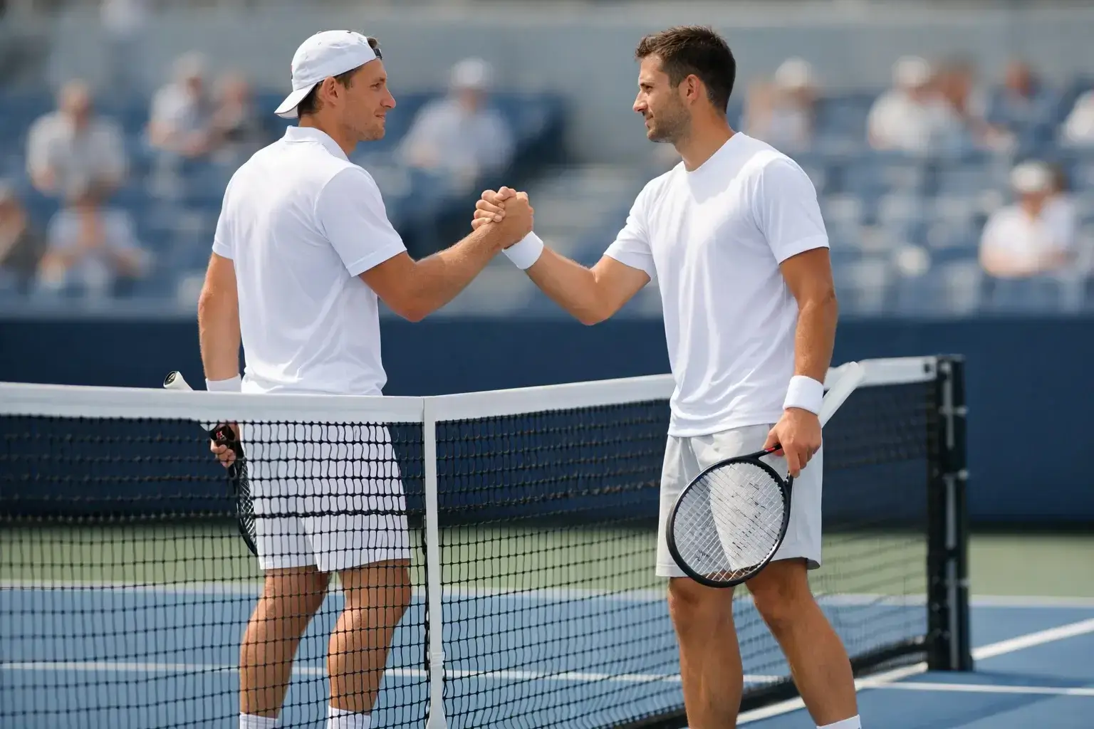 Zwei Tennisspieler am Netz nach einem Match mit Handschlag