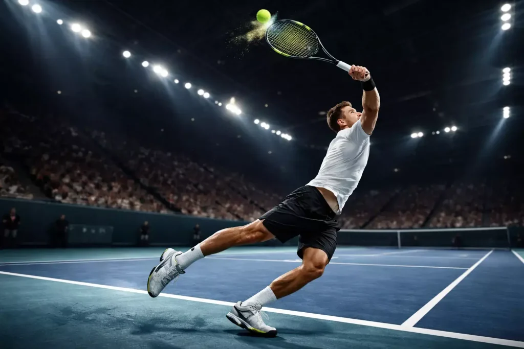 Tennisspieler beim Ass mit explosivem Aufschlag auf schnellem Belag