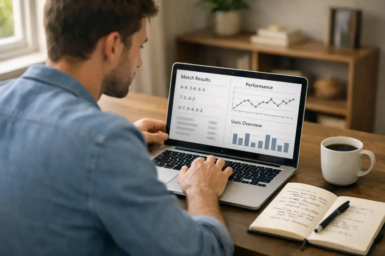 Mann studiert Tennisstatistiken auf Laptop mit Notizbuch daneben