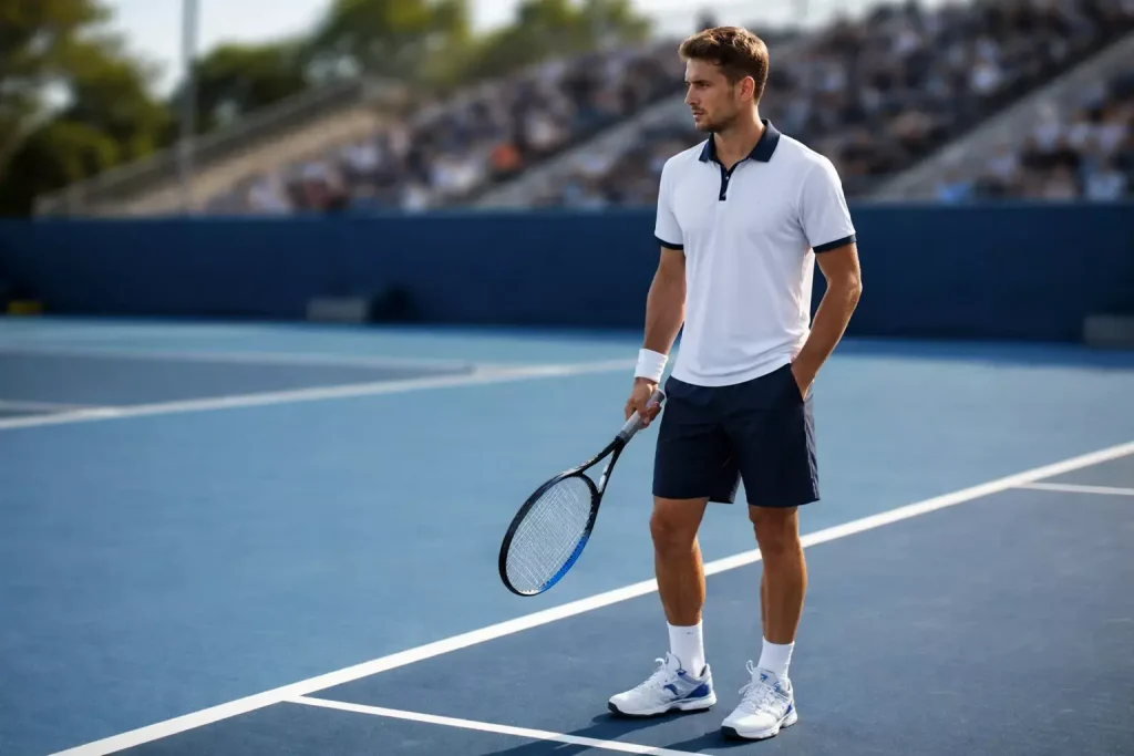 Tennisspieler auf Hartplatz analysiert seine Schlagstatistiken