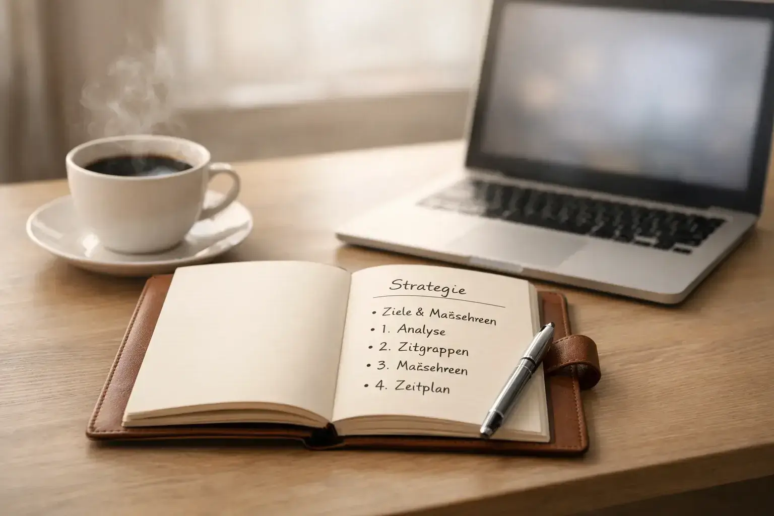 Notizbuch mit handgeschriebener Wettstrategie neben einer Tasse Kaffee und Laptop