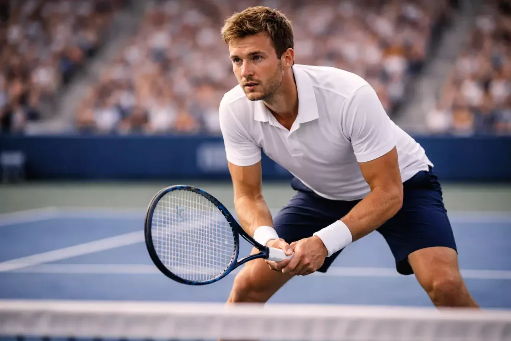 Konzentrierter Tennisspieler analysiert seinen Gegner vor dem Aufschlag