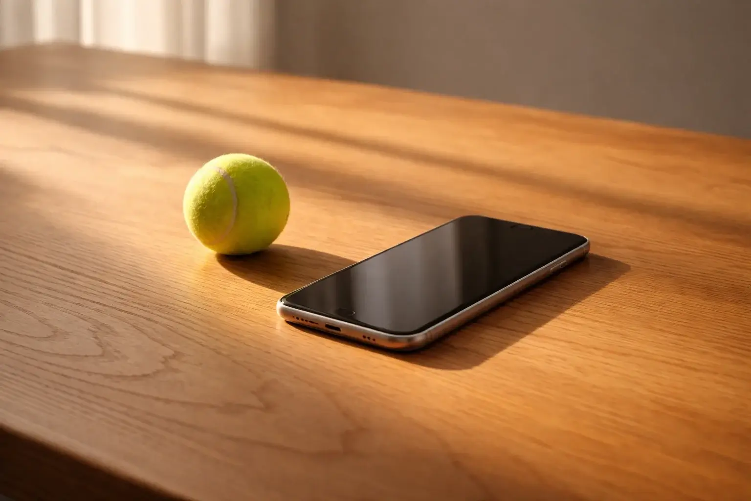 Tennisball und Smartphone auf Holztisch mit warmem Licht