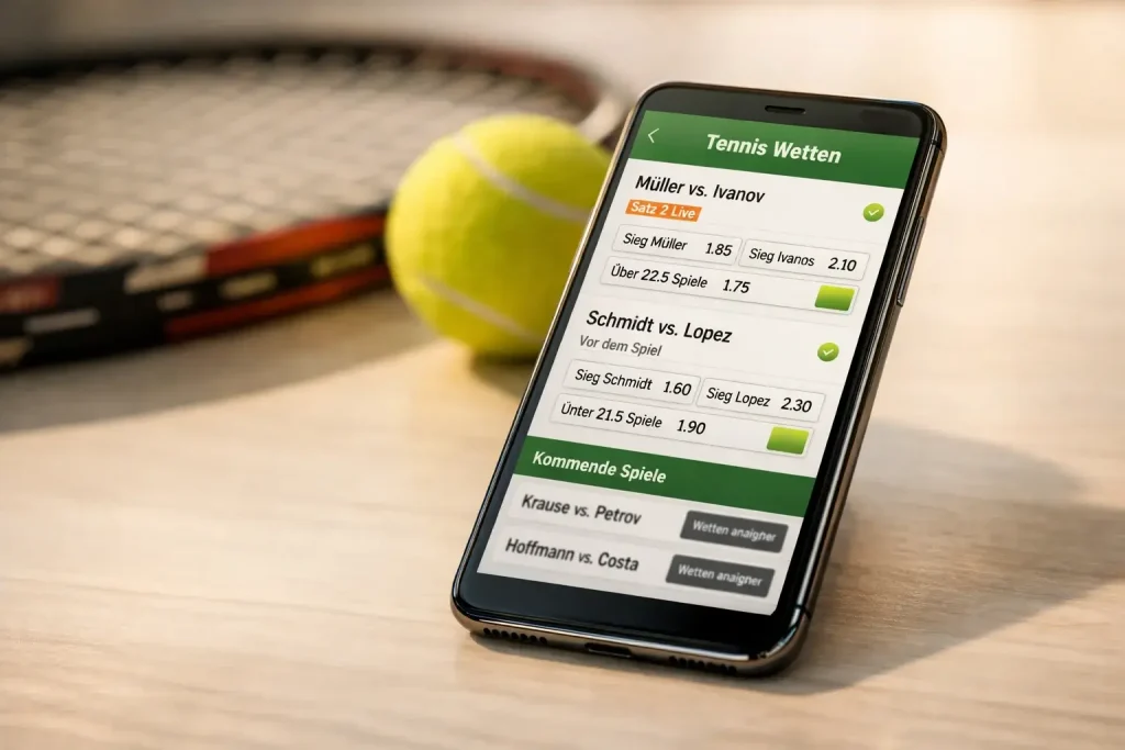 Smartphone mit Tennis-Wetten-App und Tennisschläger im Hintergrund