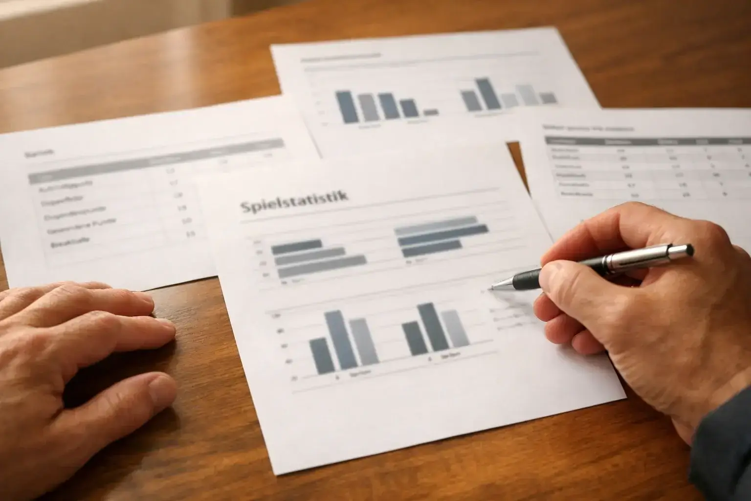 Person analysiert Tennis-Statistiken auf Dokumenten mit Notizen und Stift