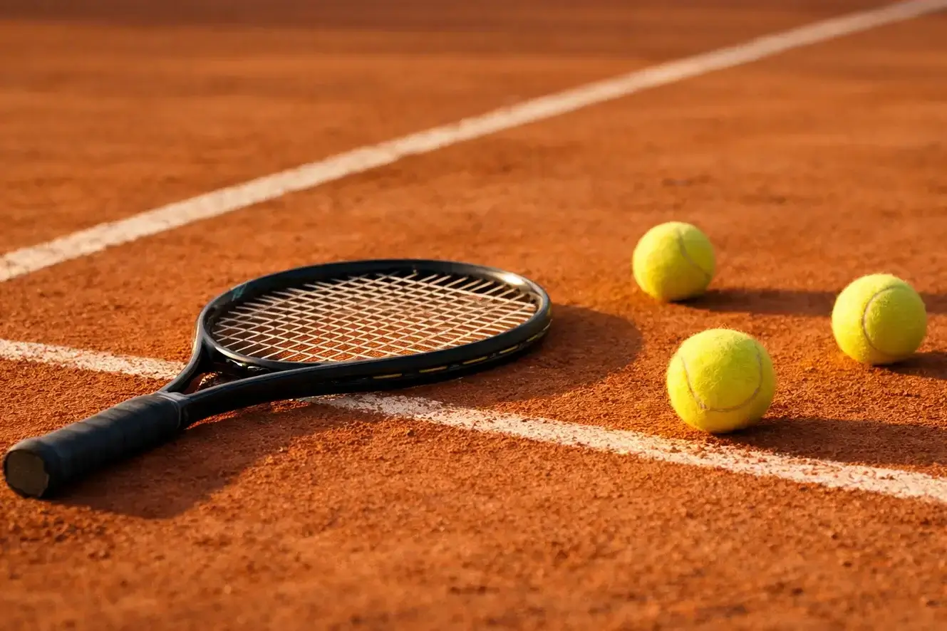 Tennisschläger und Bälle auf dem Platz nach einem Trainingstag