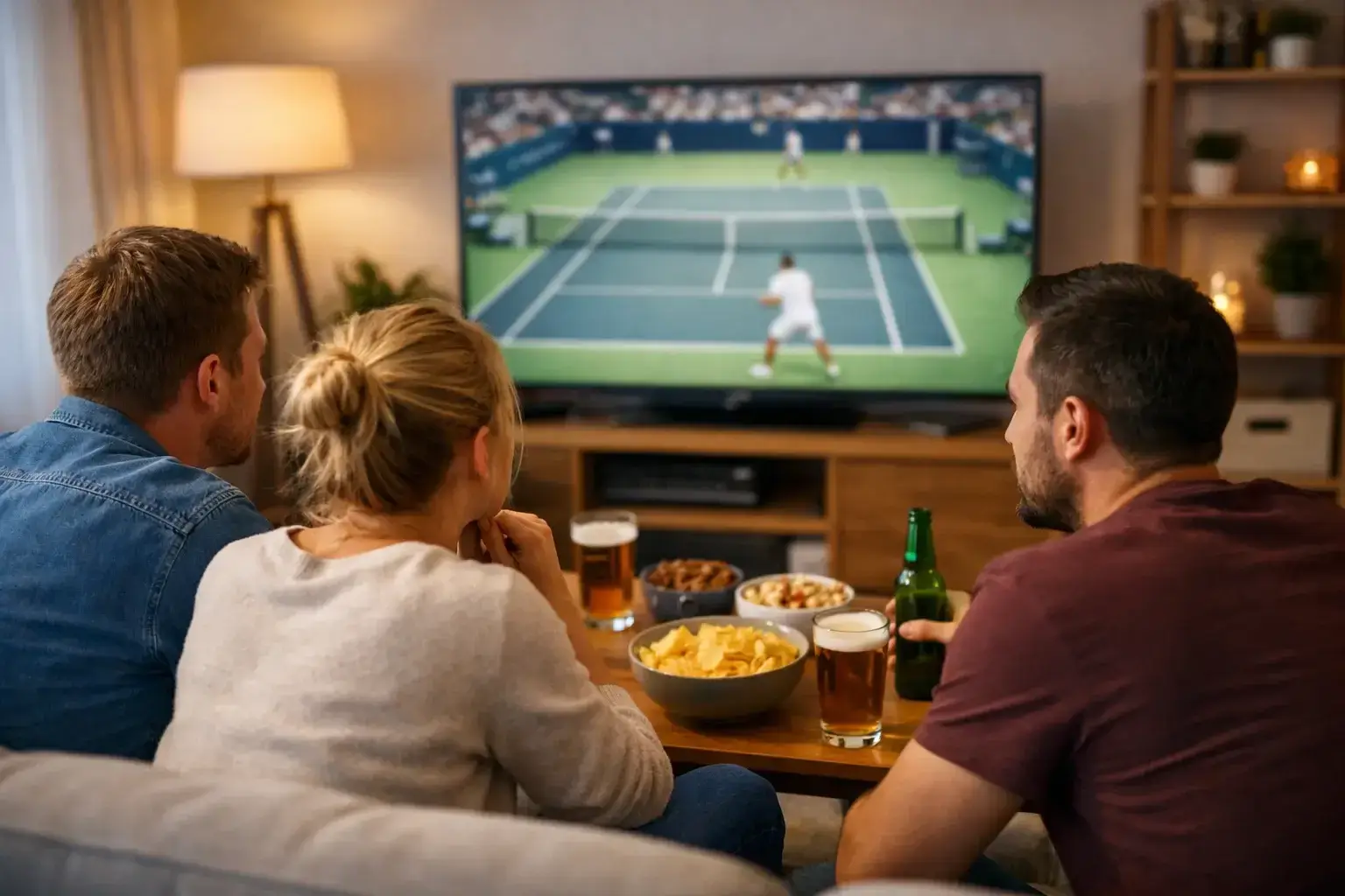 Gruppe von Freunden schaut gemeinsam ein Tennismatch auf dem Fernseher
