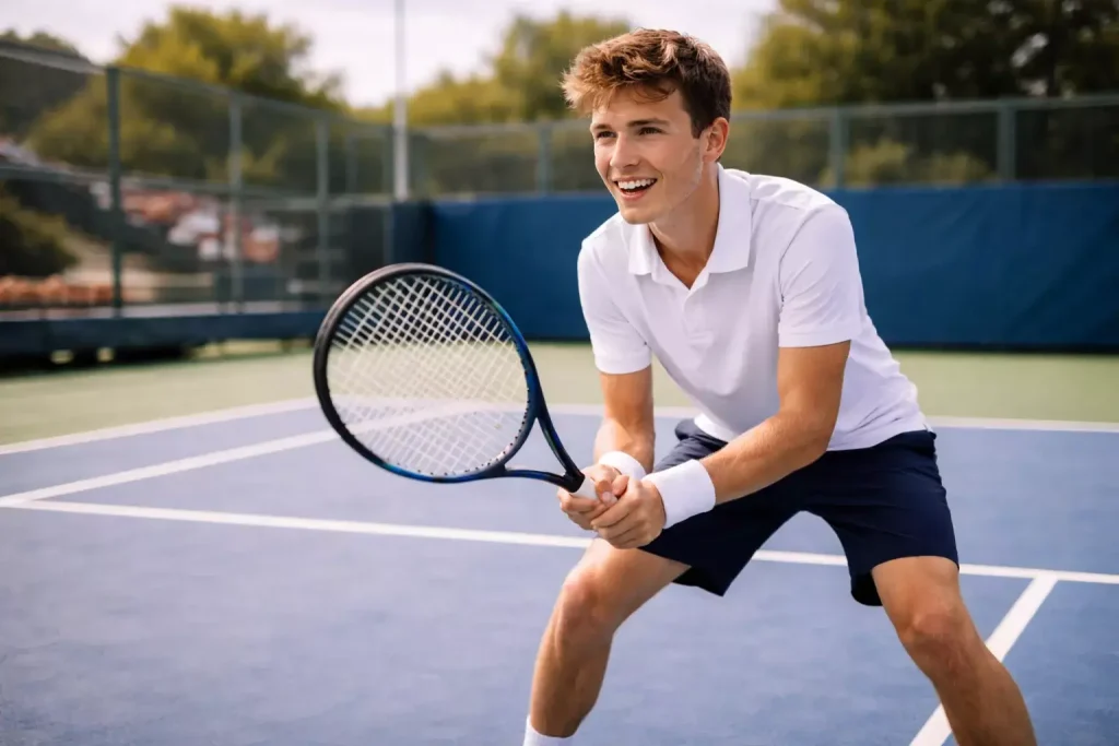 Junger Tennisspieler am Anfang seiner Karriere mit Enthusiasmus auf dem Trainingsplatz