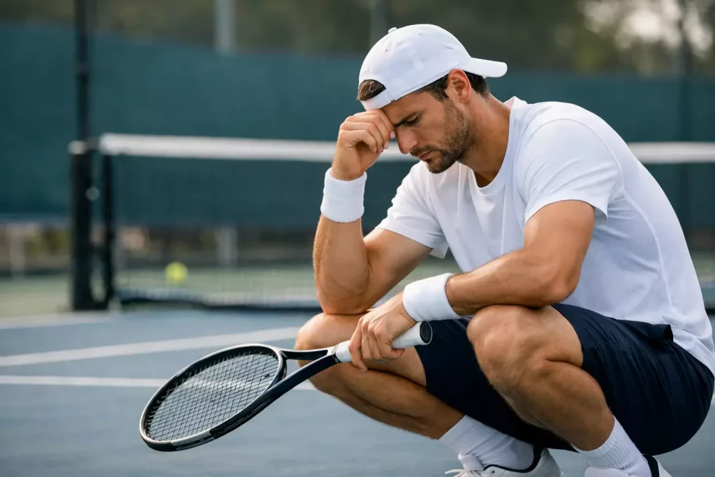 Nachdenklicher Tennisspieler reflektiert über seine Spielstrategie auf dem Court