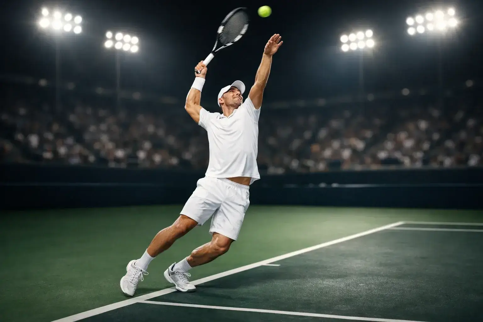Tennisspieler beim kraftvollen Aufschlag auf einem professionellen Hartplatz unter Flutlicht