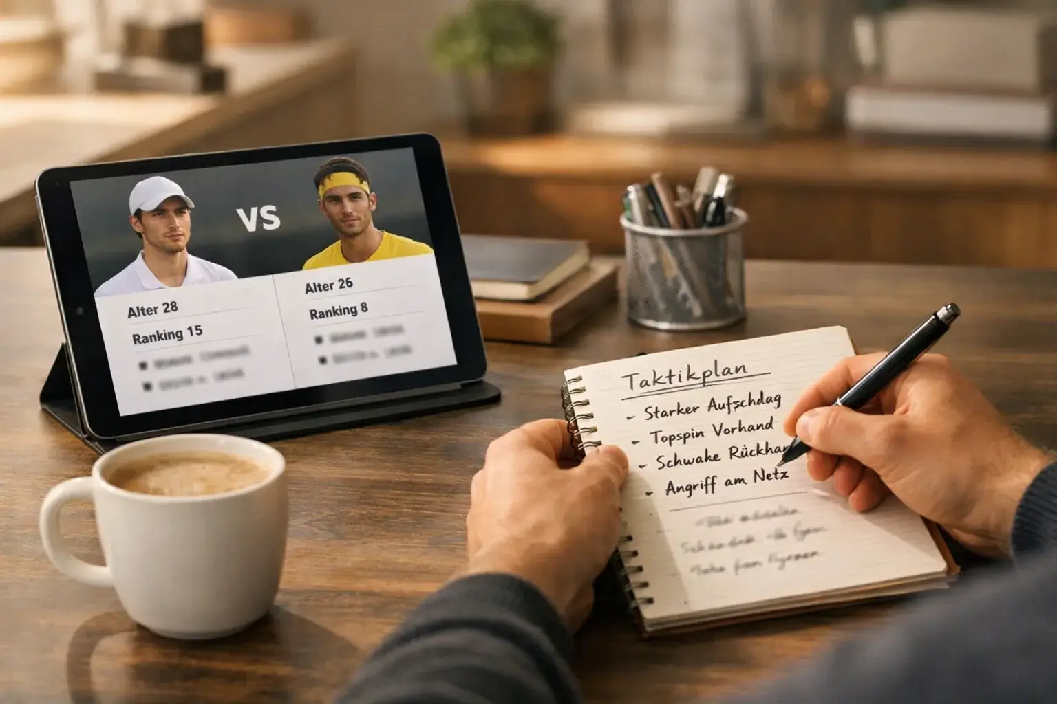Person bereitet sich mit Tablet und Notizen auf ein Tennismatch vor
