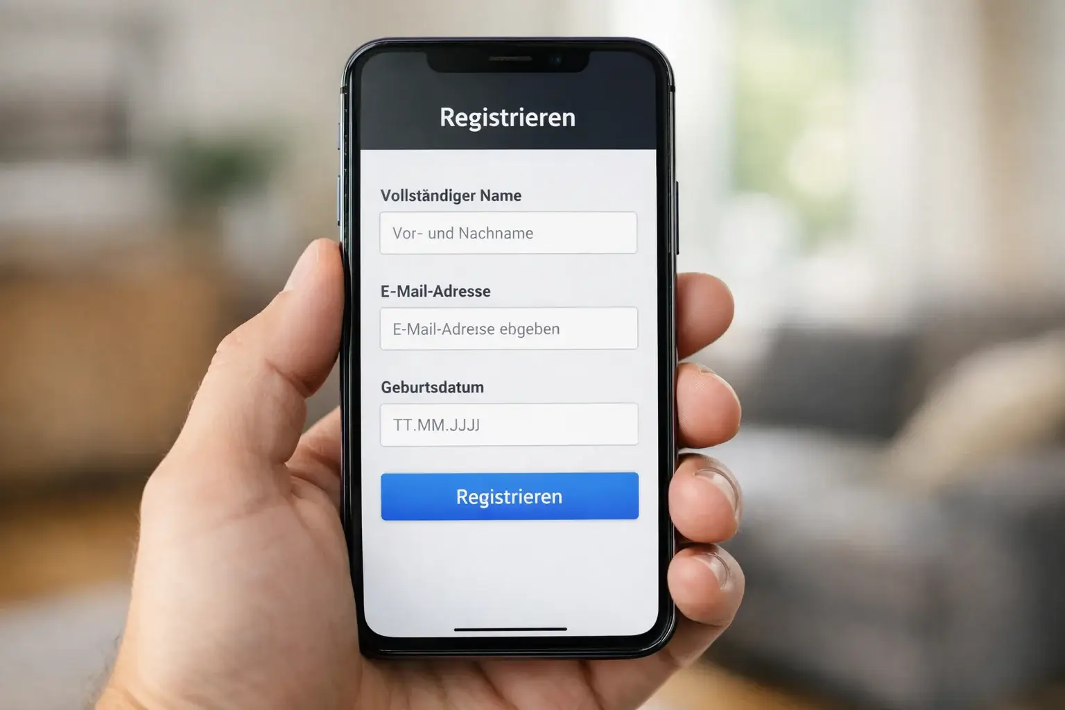 Hand hält Smartphone mit Registrierungsformular einer Wett-App