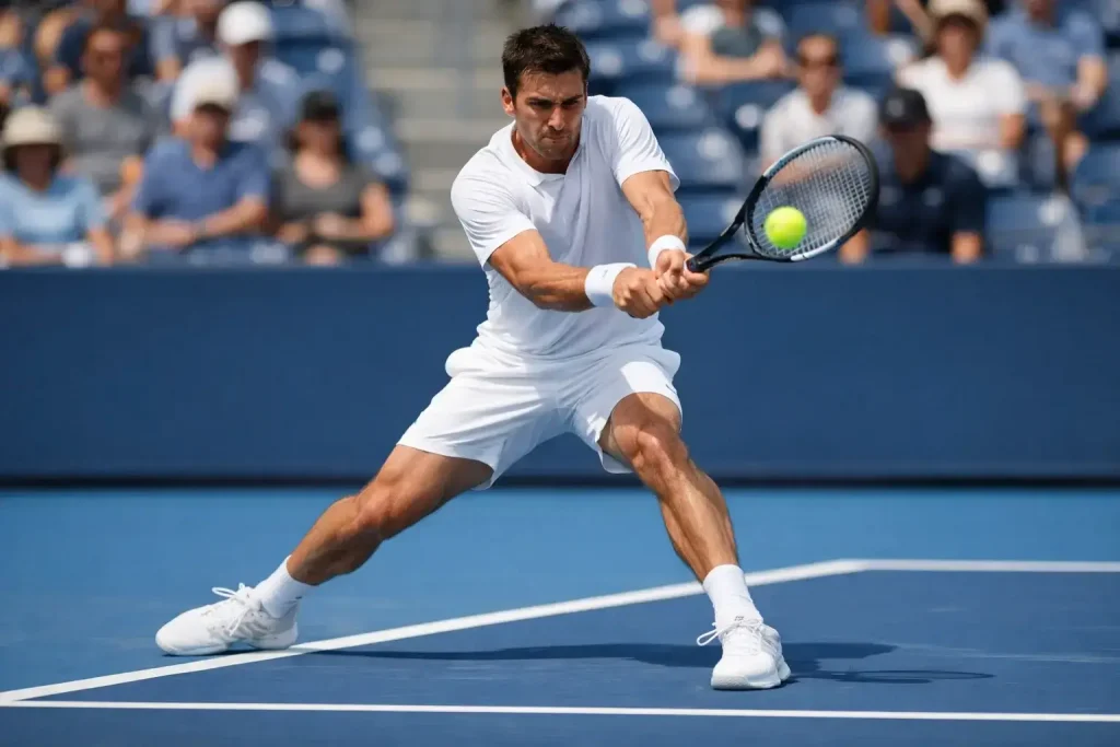 Tennisspieler beim konzentrierten Rückhandschlag auf blauem Hartplatz