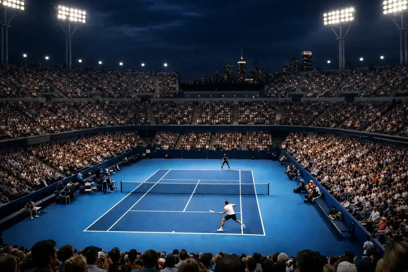 Arthur Ashe Stadium bei Nacht unter Flutlicht mit begeistertem Publikum