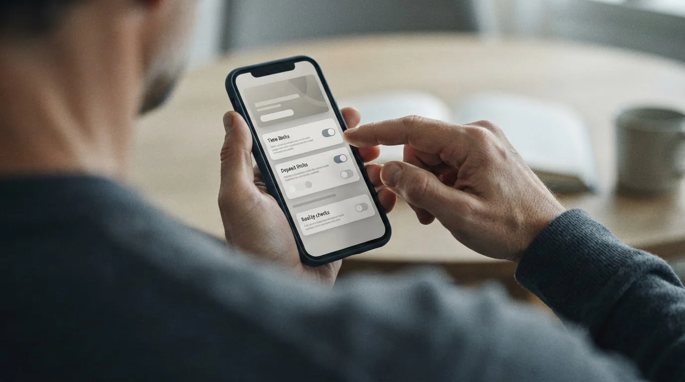 Hände an Smartphone beim Setzen eines Einzahlungslimits in einer Wett-App