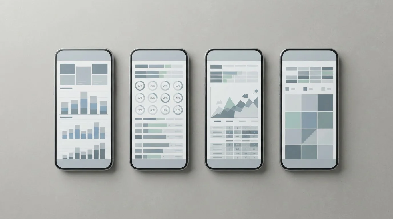 Mehrere Smartphones nebeneinander mit abstrakten Quoten-Vergleichstabellen auf den Displays