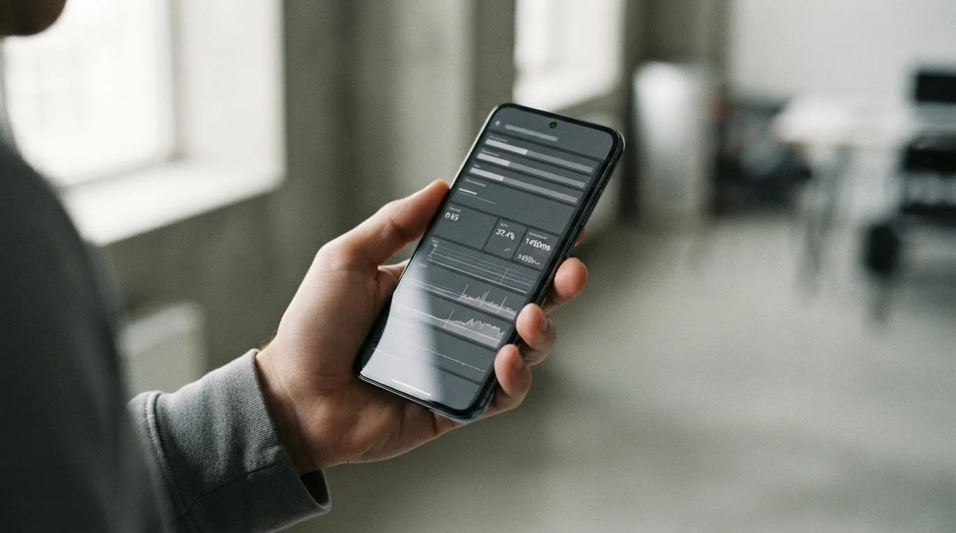 Smartphone-Bildschirm mit Ladezeitmessung und Datenverbrauchsanzeige in neutraler Testumgebung