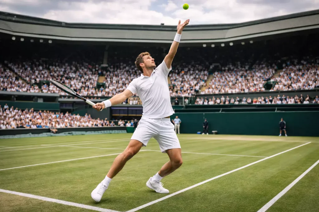 Eleganter Tennisspieler in weißer Kleidung auf dem grünen Centre Court in Wimbledon
