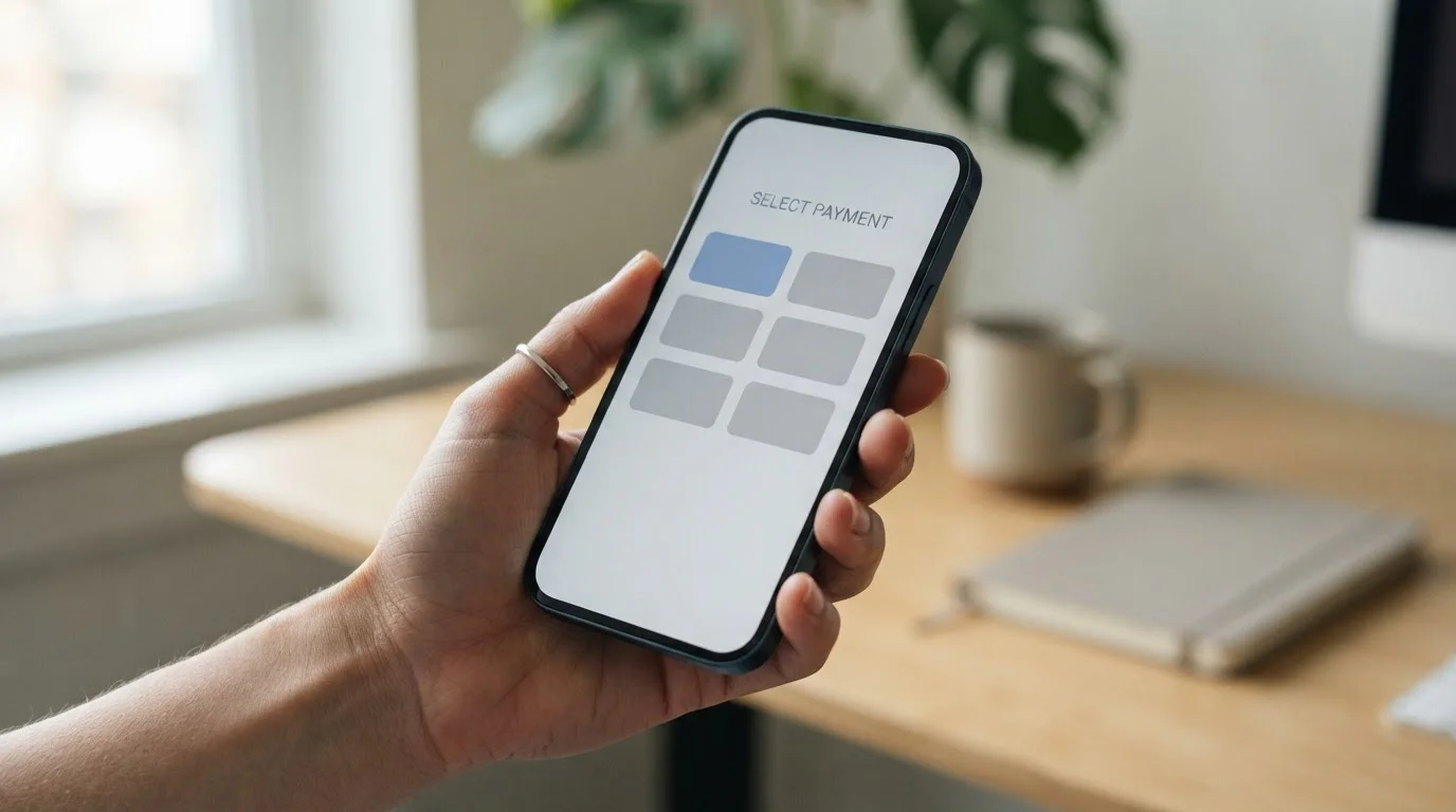 Smartphone zeigt Auswahl moderner Zahlungsmethoden bei einem lizenzierten Wettanbieter