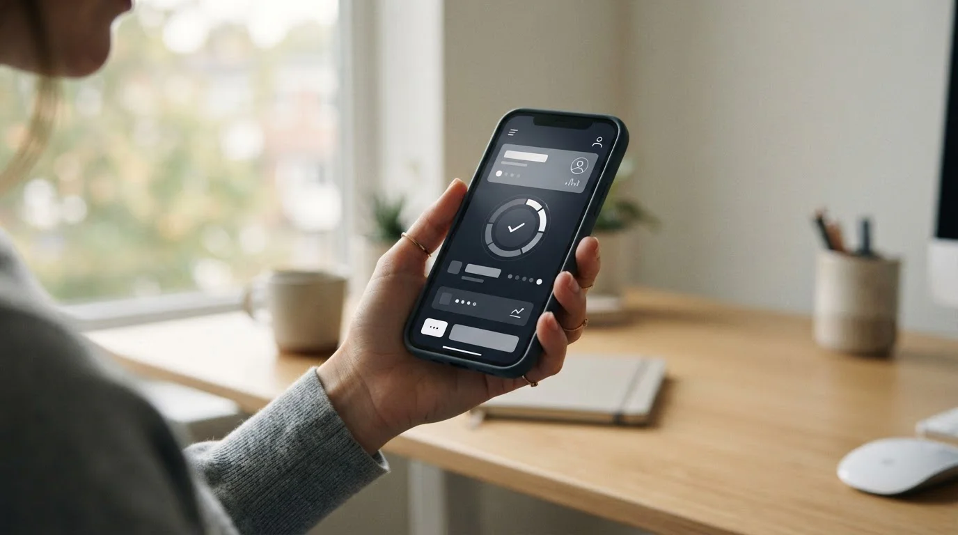Smartphone mit digitaler Zahlungsschnittstelle und abstrakten Symbolen